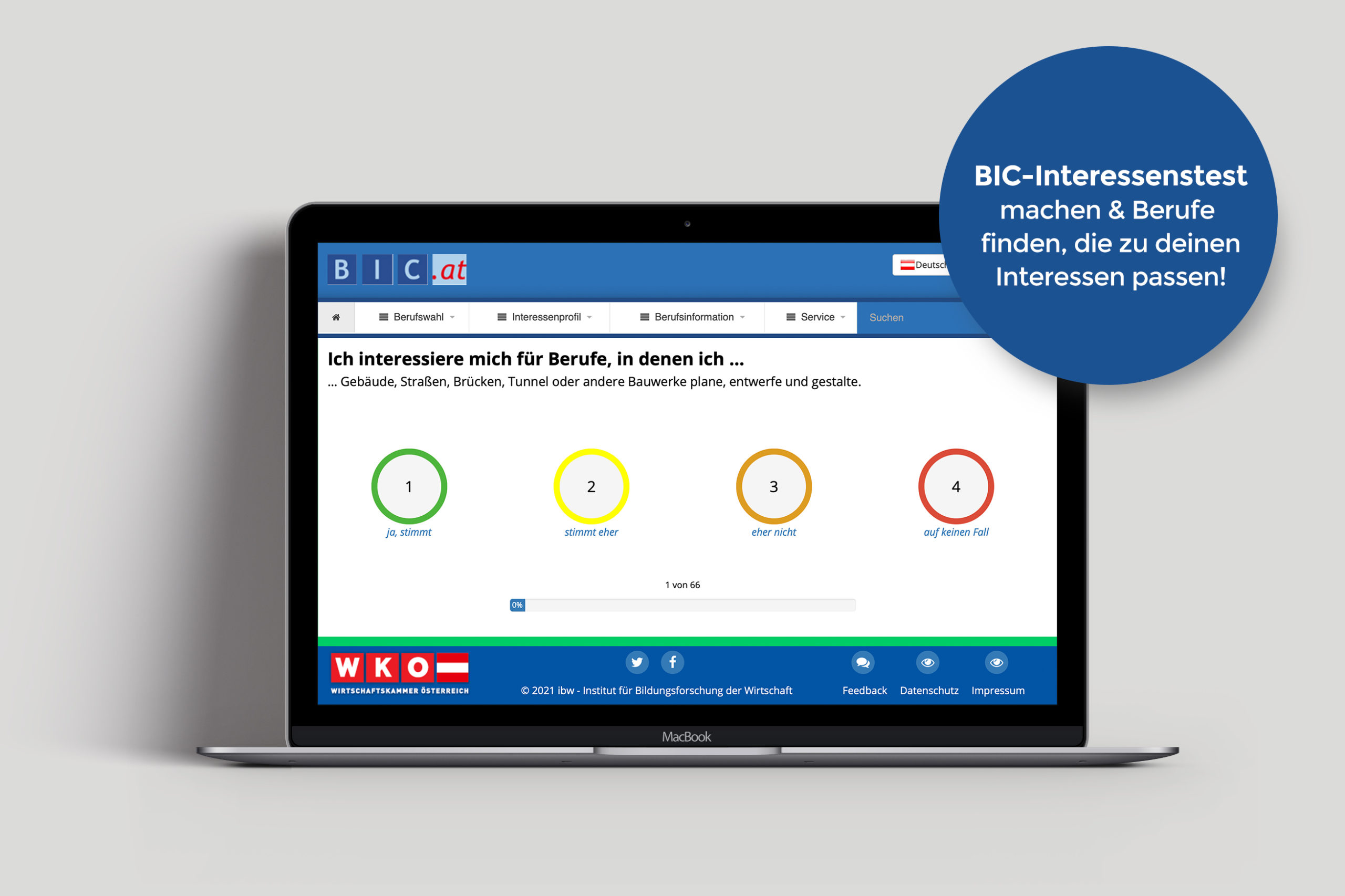 Website des BIC Interessenstests auf MacBook mit blauem Button 