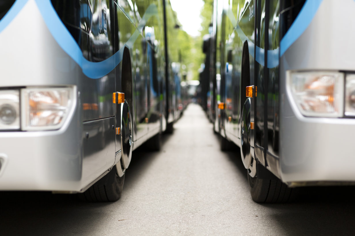 Zwei gleiche, moderne Busse auf einem Busparkplatz von vorne