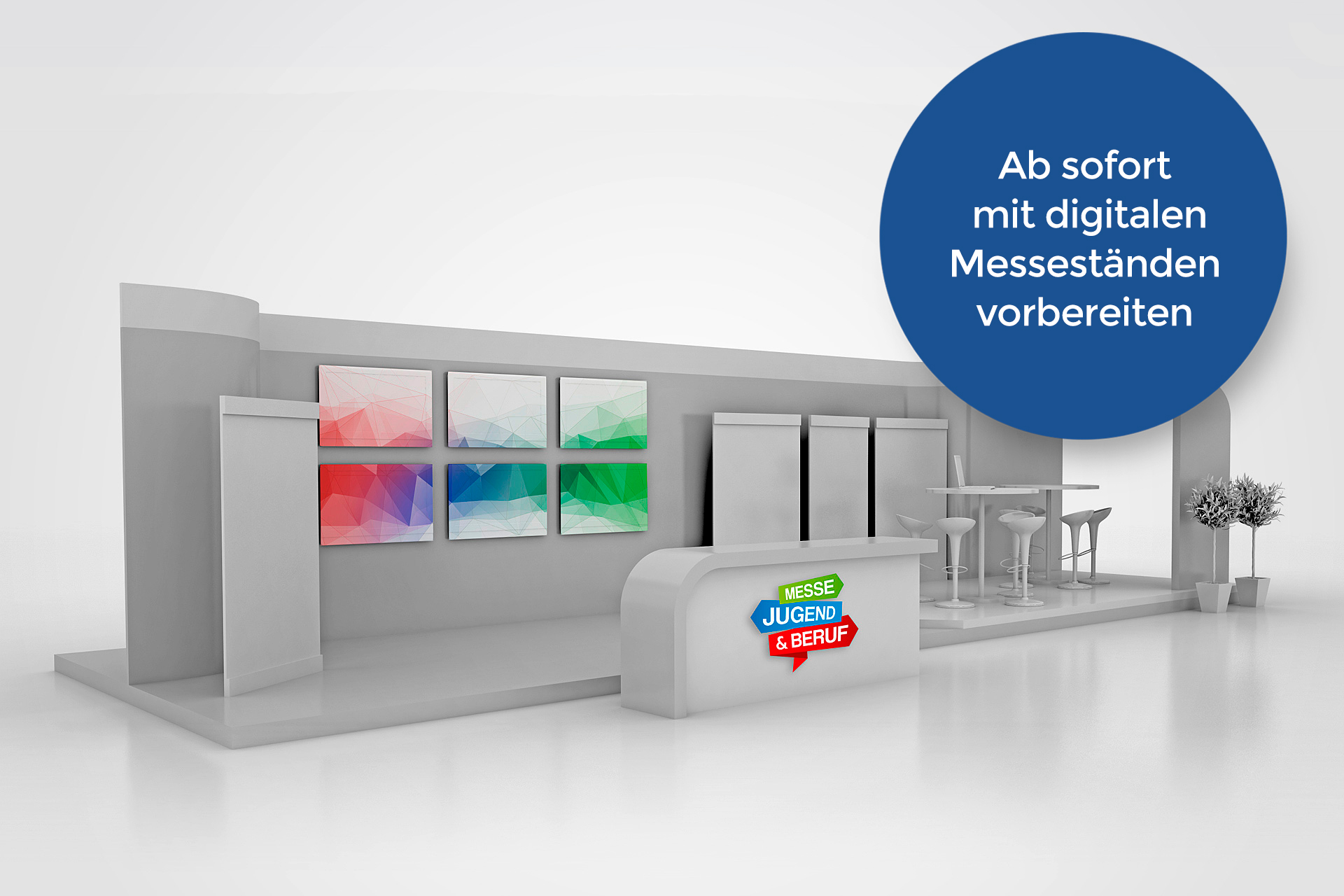3D-Darstellung eines Messestandes mit blauem Button