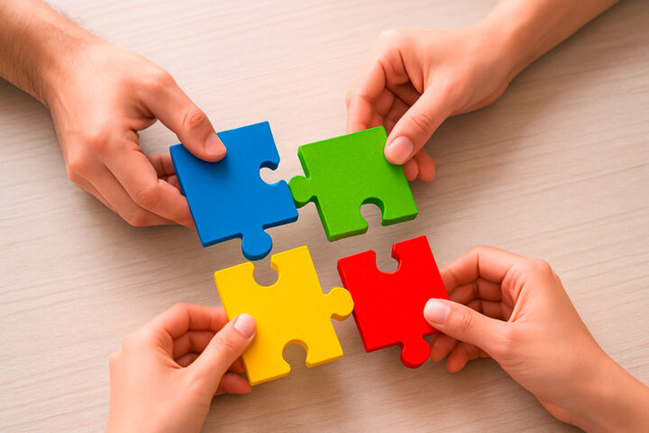 Hände halten bunte Puzzleteile zusammen